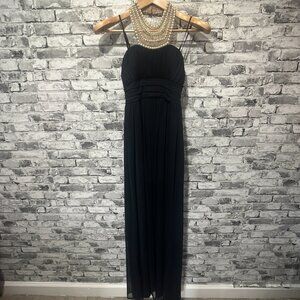 EUC City Studio Navy Halter Maxi Dress Beaded Pearl Neck Line Size 3